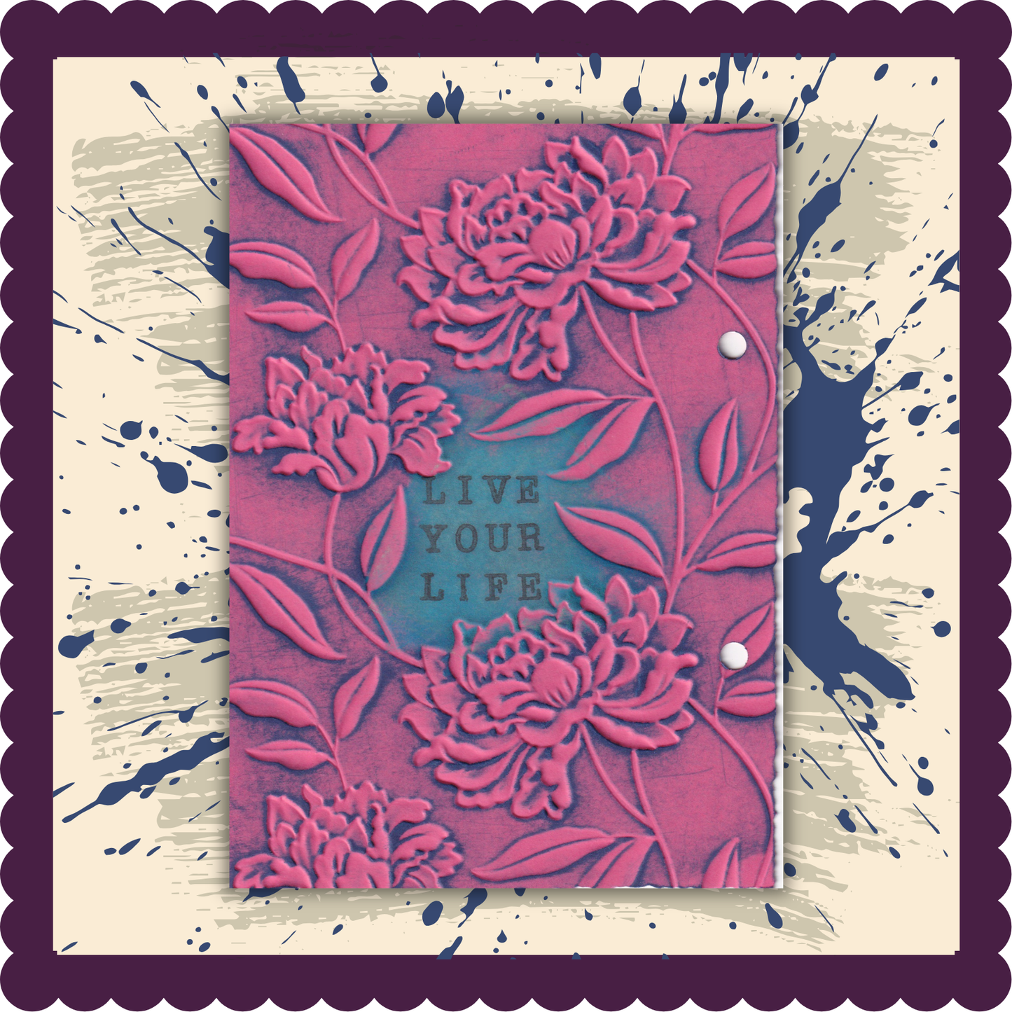 Inside back cover of The Muddy Dahlia Extra with floral design and 'Live Your Life' text on a textured background